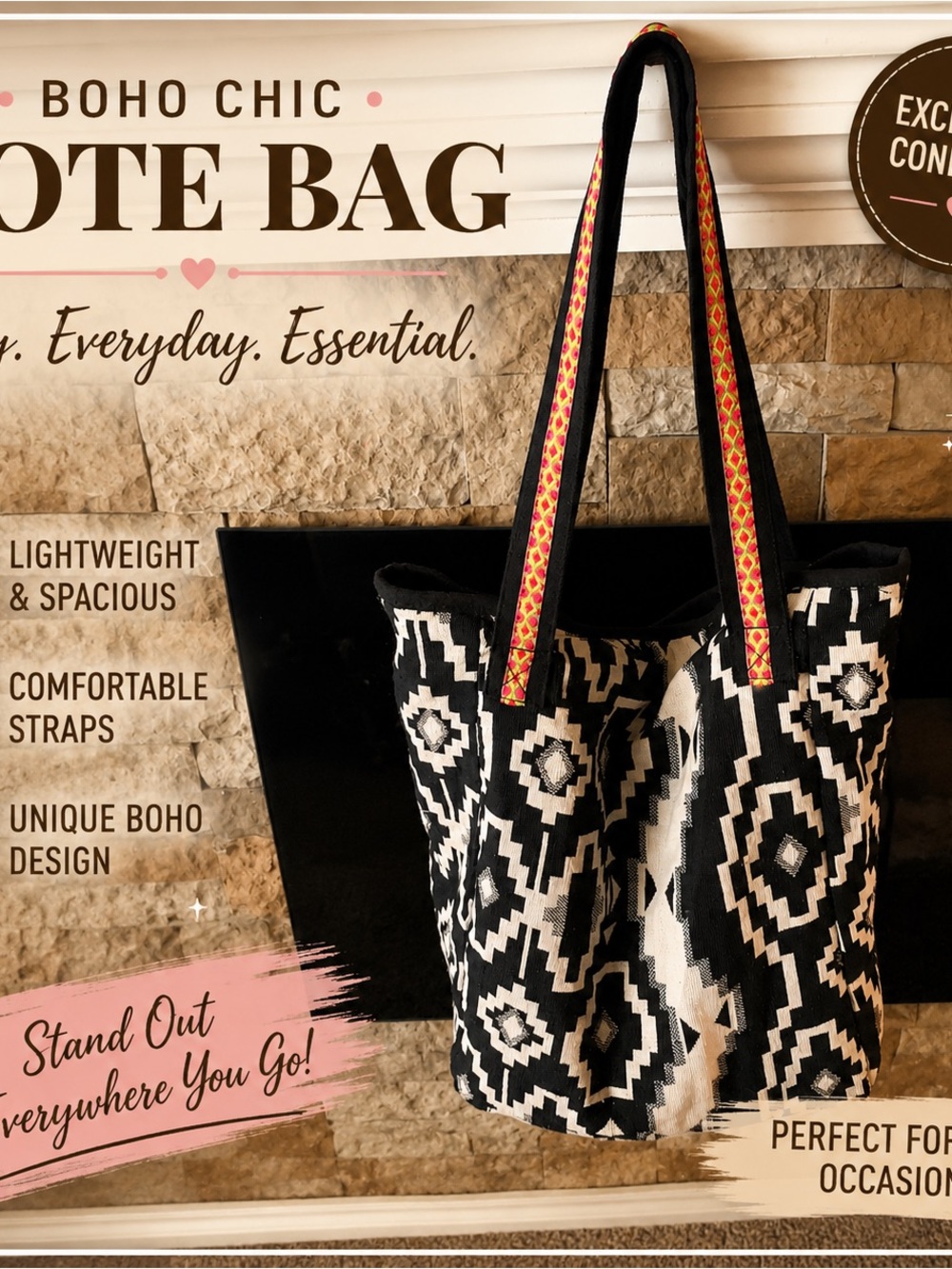 Boho Chic Tote Bag - Black & White Pattern with Decorative Straps Western